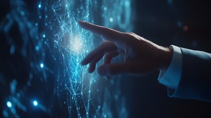 A professional wearing a 3D holographic interface device to present strategic data, with 2D glowing annotations for collaboration. 4k resolution, Cinematic Scene
