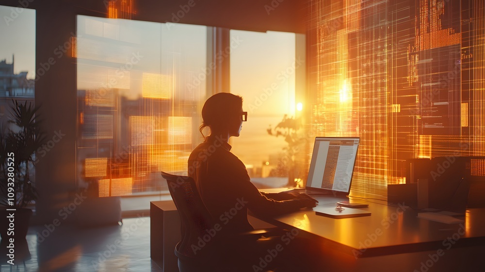 Poster A remote worker using wearable smart glasses to interact with 3D glowing productivity tools and 2D visualized task outcomes. 4k resolution, Cinematic Scene