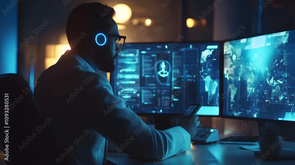 Poster A remote worker using wearable smart glasses to interact with 3D glowing productivity tools and 2D visualized task outcomes. 4k resolution, Cinematic Scene