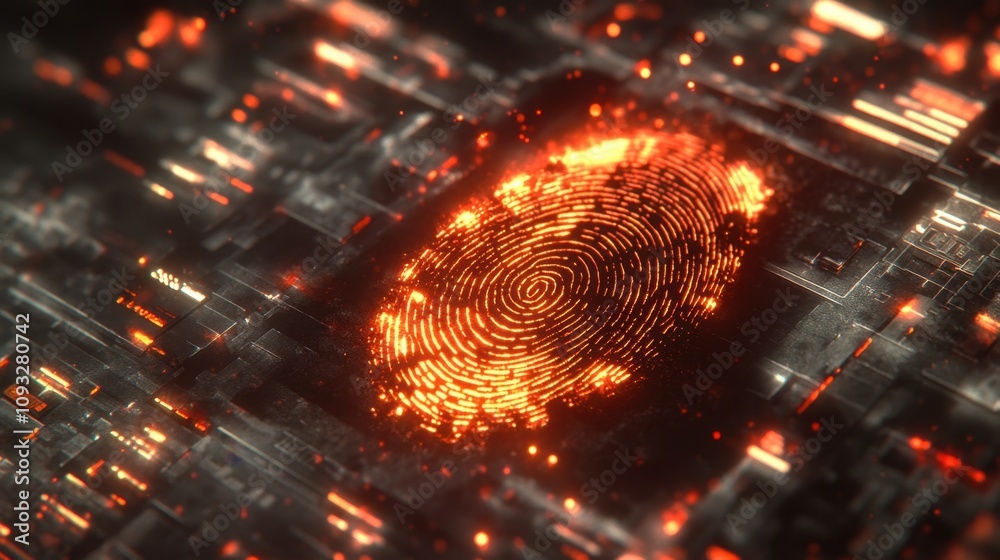 Poster abstract representation of a glowing fingerprint pattern on a digital circuit board, emphasizing tec