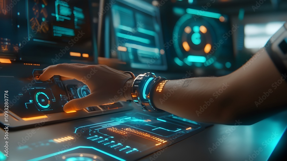 Poster a collaborative workspace featuring wearable wristbands activating 3d glowing communication hubs and