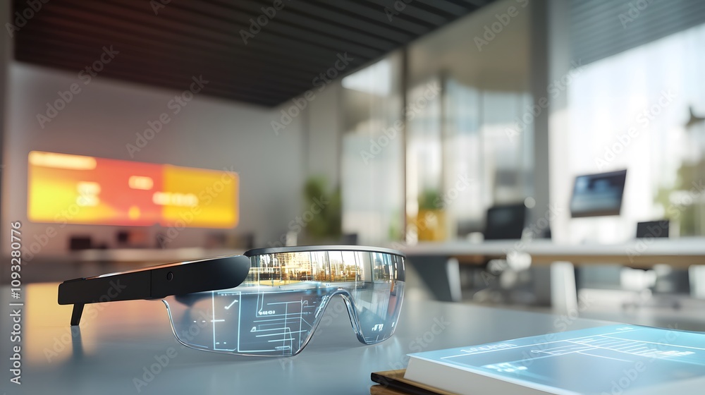 Poster a modern office with wearable ar glasses showcasing 3d decision pathways and 2d real-time success me