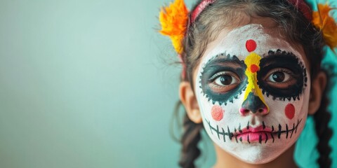 A joyful child with vibrant sugar skull face paint, ideal for a lively festival