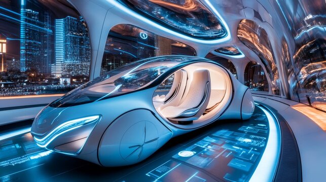 Futuristic Concept: Stylish Japanese Businessman Riding on a Back Seat of an Autonomous Self-Driving Zero-Emissions Electric Car. He is Riding on the Highway in the City of the Future.