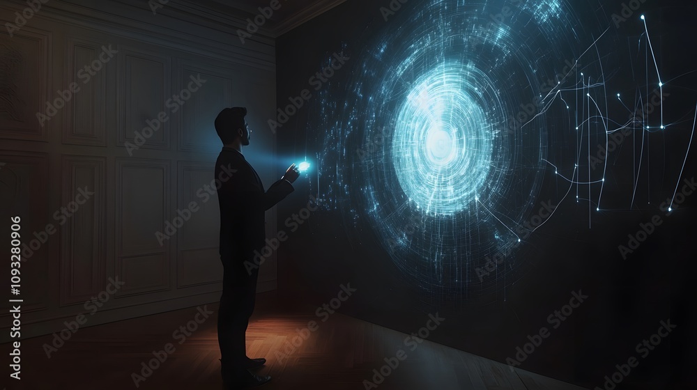 Poster A professional presenting using a wearable biometric device projecting 3D glowing innovation paths, supported by 2D feedback metrics. 4k resolution, Cinematic Scene