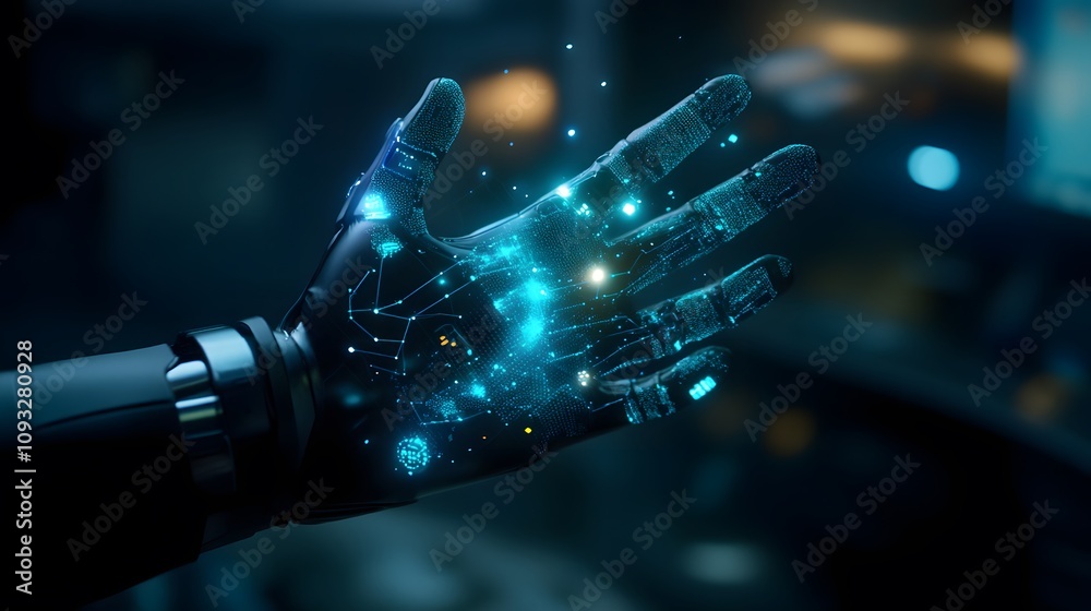 Poster A professional presenting using a wearable biometric device projecting 3D glowing innovation paths, supported by 2D feedback metrics. 4k resolution, Cinematic Scene
