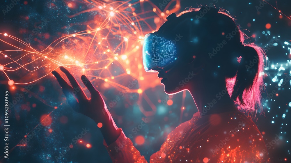 Poster A professional presenting using a wearable biometric device projecting 3D glowing innovation paths, supported by 2D feedback metrics. 4k resolution, Cinematic Scene