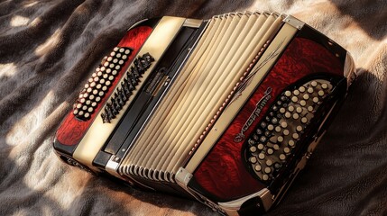 Red and gold accordion on textured fabric.