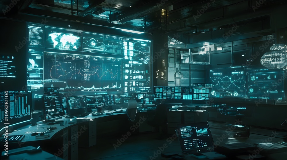 Poster a futuristic workspace where professionals use wearable holographic displays to analyze 3d glowing m