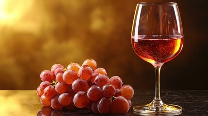 Red wine glass and grapes on dark surface.