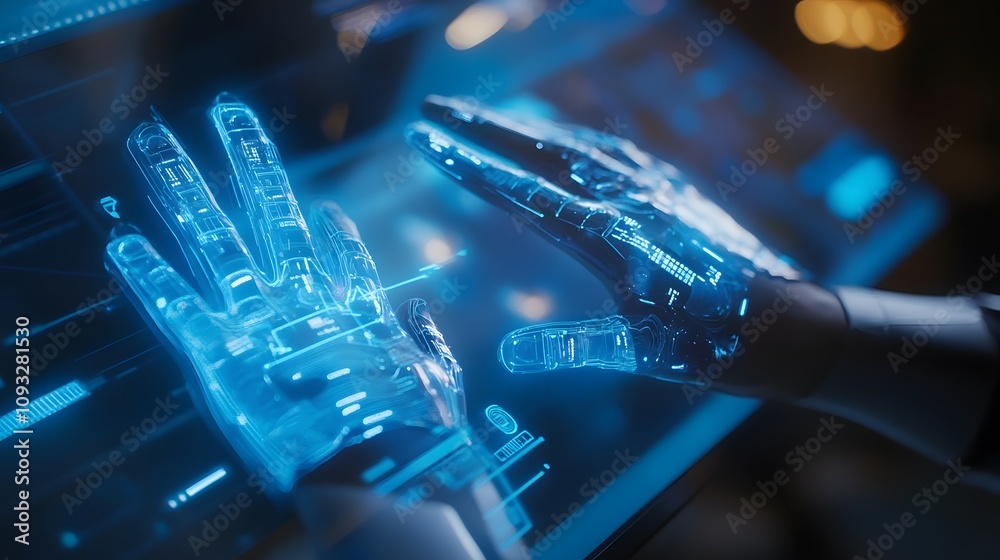 Poster A futuristic brainstorming hub with wearable AR gloves projecting 3D glowing prototypes and 2D team communication pathways. 4k resolution, Cinematic Scene