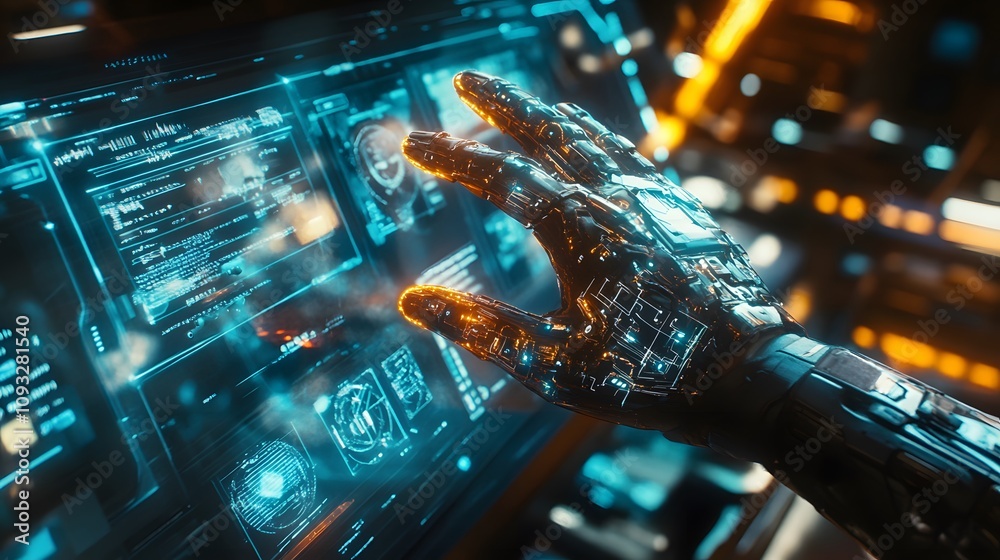 Poster A futuristic brainstorming hub with wearable AR gloves projecting 3D glowing prototypes and 2D team communication pathways. 4k resolution, Cinematic Scene