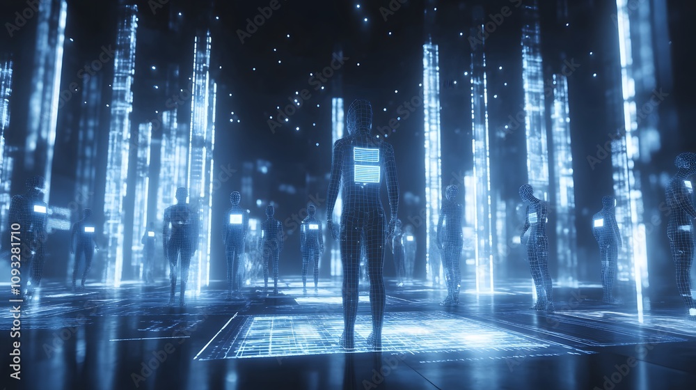 Aufkleber A team collaborating with wearable AI devices projecting 3D glowing digital dashboards and 2D visual progress bars. 4k resolution, Cinematic Scene