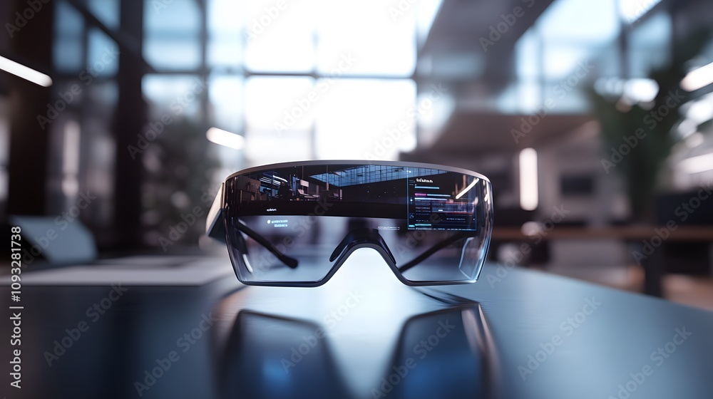 Poster A sleek office where wearable AR glasses display 3D glowing workflow improvements and 2D actionable suggestions. 4k resolution, Cinematic Scene