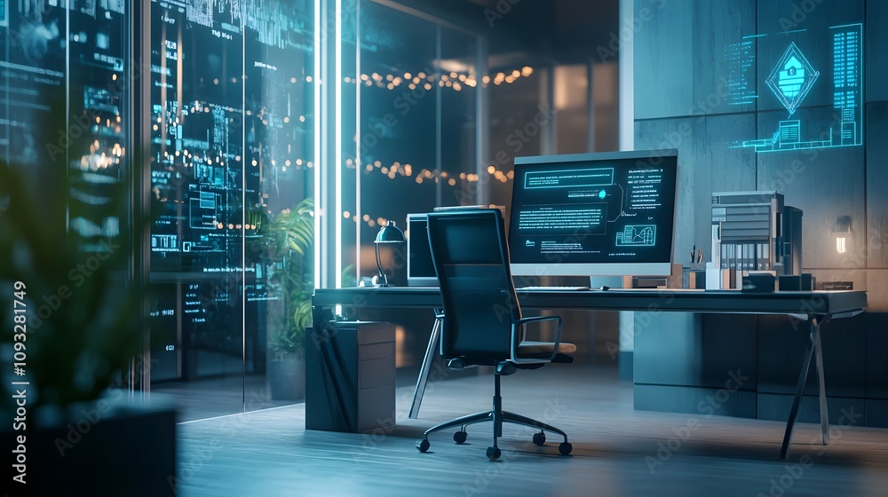 Poster A sleek office where wearable AR glasses display 3D glowing workflow improvements and 2D actionable suggestions. 4k resolution, Cinematic Scene