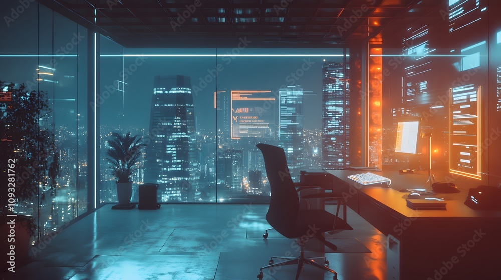 Poster A sleek office where wearable AR glasses display 3D glowing workflow improvements and 2D actionable suggestions. 4k resolution, Cinematic Scene