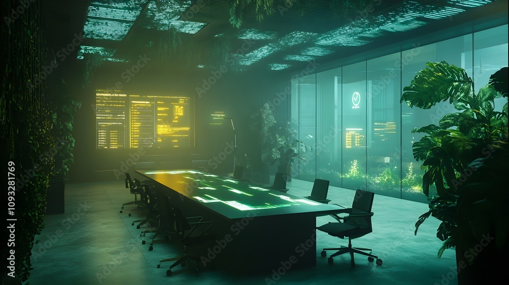 Poster A collaborative workspace integrating wearable smartbands for 3D glowing innovation boards and 2D team alignment visuals. 4k resolution, Cinematic Scene