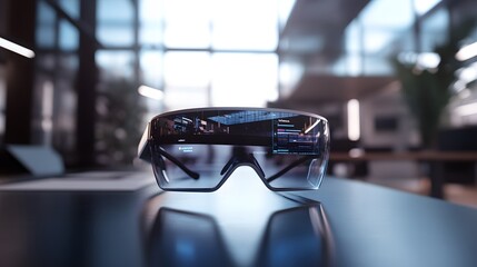 A sleek office where wearable AR glasses display 3D glowing workflow improvements and 2D actionable suggestions. 4k resolution, Cinematic Scene