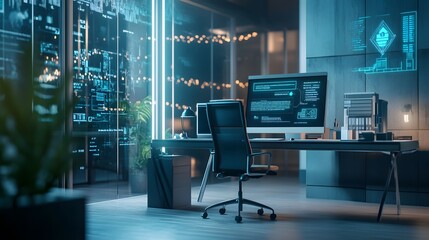A sleek office where wearable AR glasses display 3D glowing workflow improvements and 2D actionable suggestions. 4k resolution, Cinematic Scene