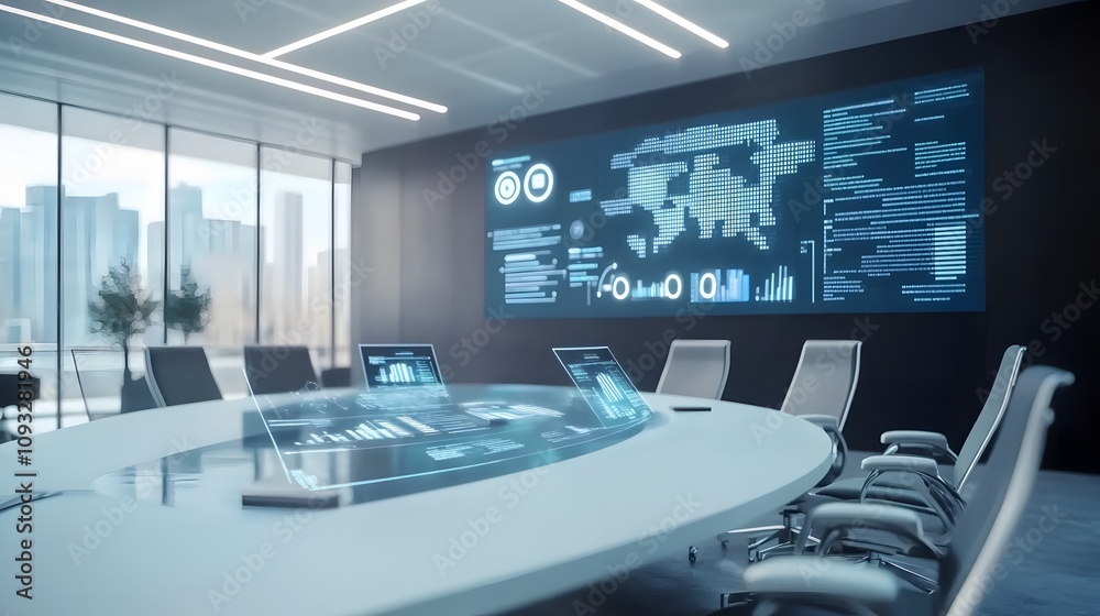 Poster a futuristic meeting room featuring wearable ai trackers that manage 3d glowing project models and 2