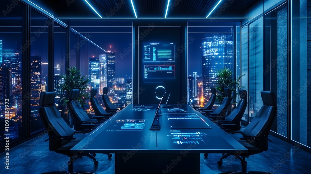 Poster a futuristic meeting room featuring wearable ai trackers that manage 3d glowing project models and 2