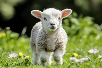 Obraz premium A young lamb standing in a green meadow, surrounded by wildflowers, radiating innocence and calmness in a serene spring landscape under soft sunlight