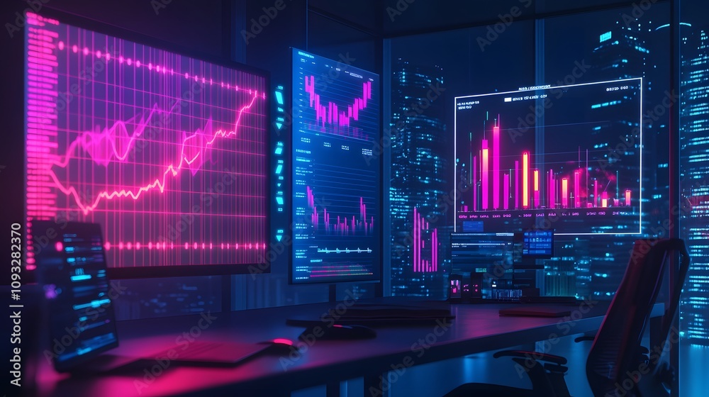 Poster A modern office showcasing AI-driven 3D glowing graphs of productivity metrics with 2D real-time updates. 4k resolution, Cinematic Scene