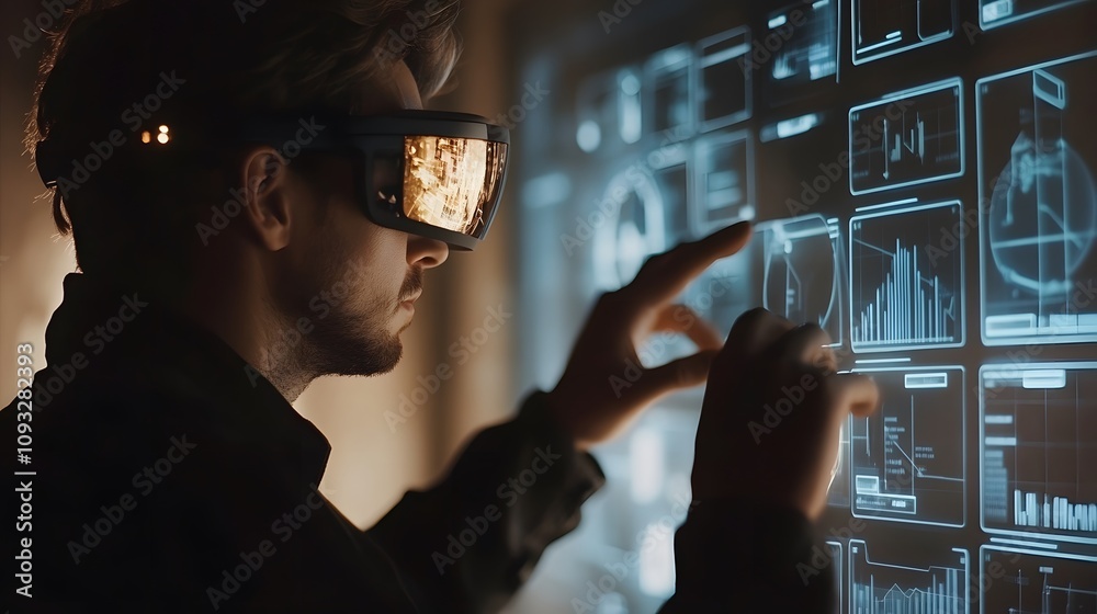 Poster A professional using AI-driven augmented reality glasses to interact with 3D glowing task boards and 2D project timelines. 4k resolution, Cinematic Scene