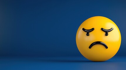 Fototapeta premium A sad yellow emoji with tears against a blue background, conveying emotions of sorrow and disappointment.