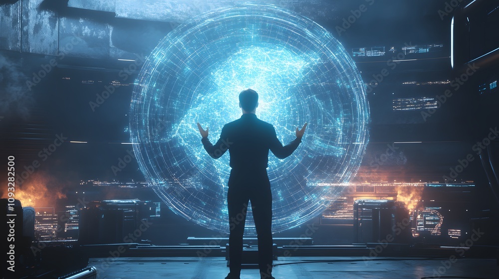 Poster a professional presenting an ai-driven strategy with 3d holographic predictive models and 2d insight