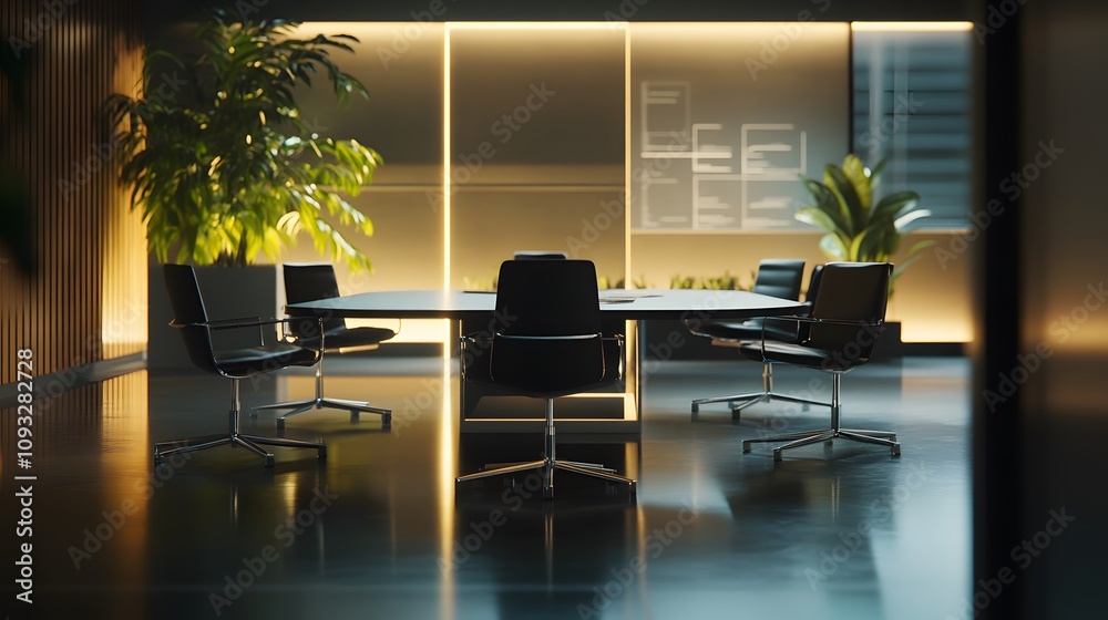 Poster A sleek meeting room featuring AI-driven 3D collaboration boards and 2D task prioritization visuals. 4k resolution, Cinematic Scene