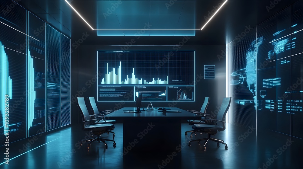 Poster a minimalist office with ai-driven 3d financial projections and 2d glowing annotations for strategic