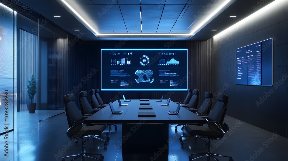 Aufkleber A sleek meeting room where professionals interact with AI-powered 3D dashboards and 2D feedback icons. 4k resolution, Cinematic Scene