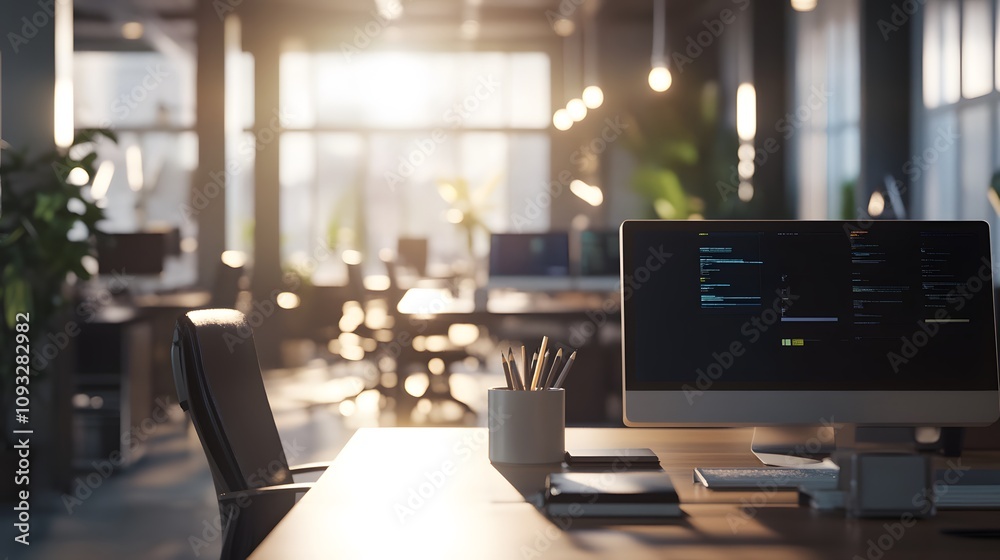Poster A corporate workspace showcasing AI-driven 3D productivity models with 2D glowing visual summaries. 4k resolution, Cinematic Scene