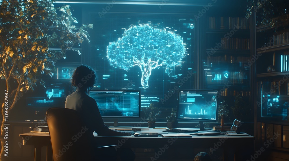 Poster A professional using AI-generated 3D holographic tools to streamline workflows with 2D glowing metrics. 4k resolution, Cinematic Scene