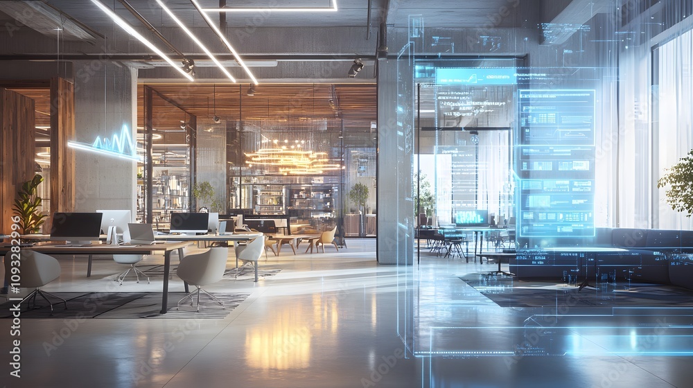 Aufkleber A futuristic co-working hub featuring AI-powered 3D holographic schedules with 2D task visualizations. 4k resolution, Cinematic Scene