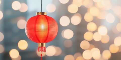 Colorful red lantern glowing against a serene bokeh background for festive ambiance.