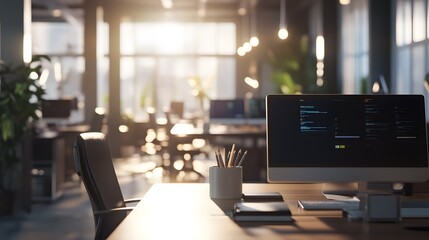 A corporate workspace showcasing AI-driven 3D productivity models with 2D glowing visual summaries. 4k resolution, Cinematic Scene