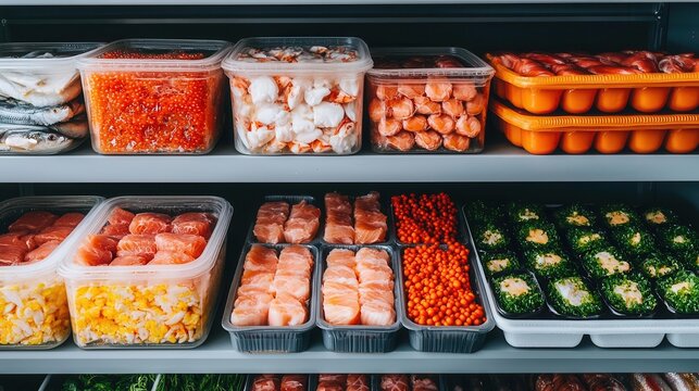Storage racks filled with frozen seafood, labeled and organized for easy inventory tracking