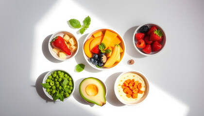 Flat lay composition with bowls of healthy baby food on white background isolated with white highlights, png