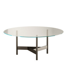 A round glass table with a metal frame