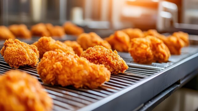 Conveyor belt carrying frozen chicken pieces through a breading machine, dynamic and detailed