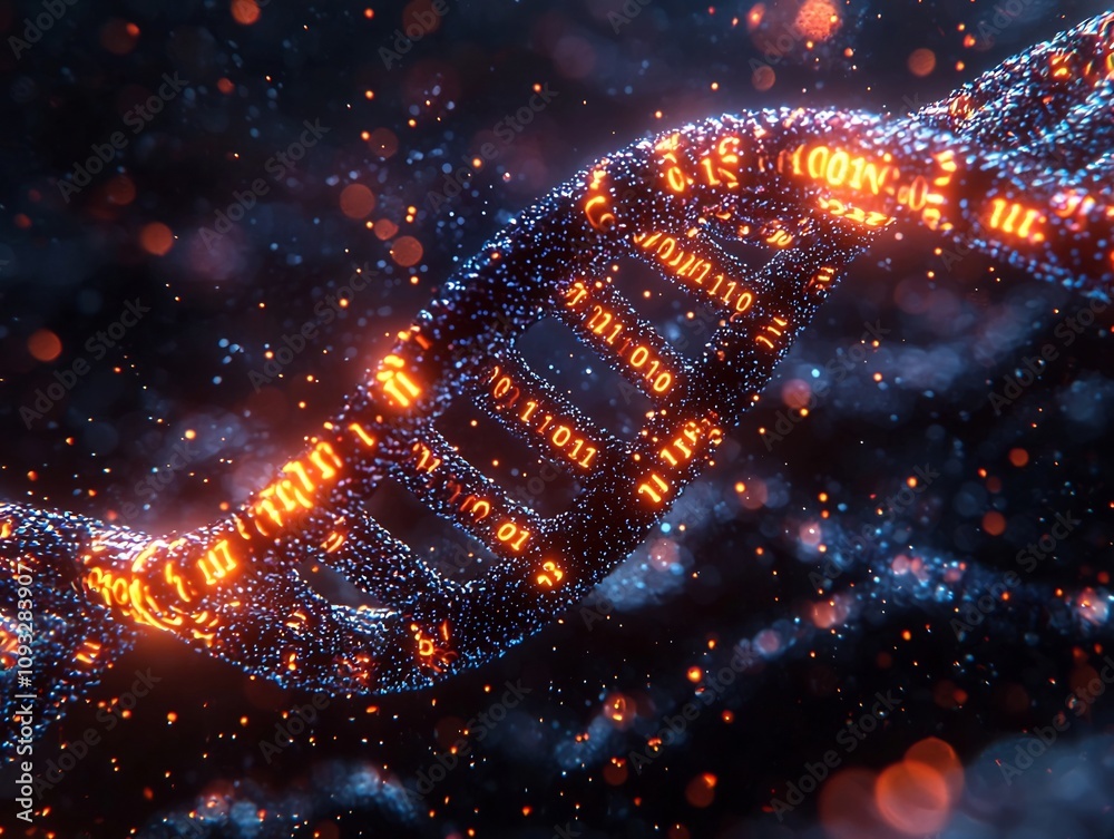 Poster digital dna strand with encoded binary data storage concept