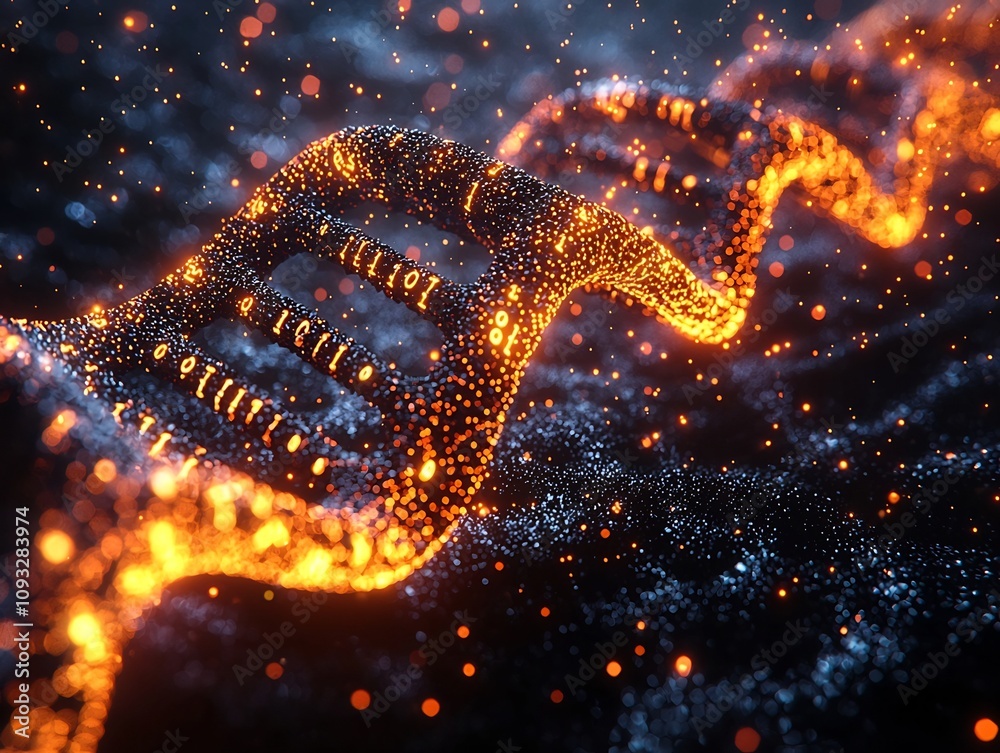 Poster close up of a glowing digital dna strand encoded with binary data clean background for text