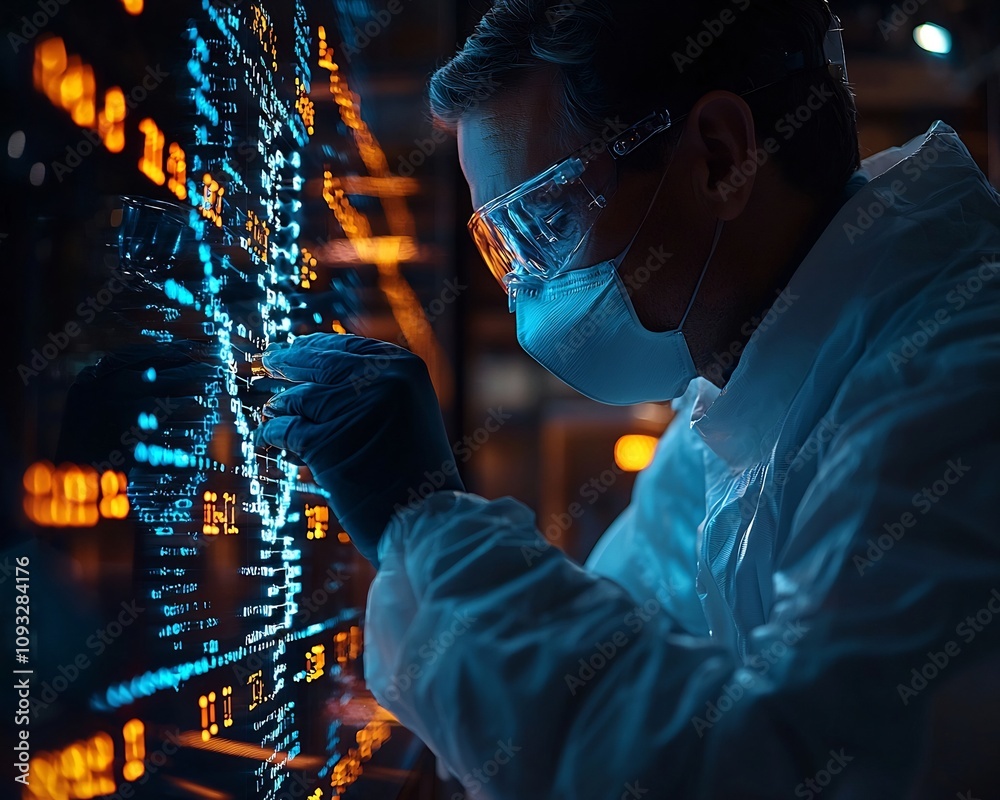 Poster scientist transferring binary code into holographic dna strand in futuristic data transfer lab
