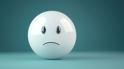 A simple white sphere with a sad face, featuring downturned eyes and a frown, set against a teal background.