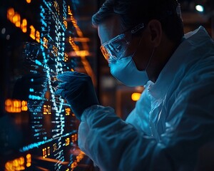 Scientist Transferring Binary Code into Holographic DNA Strand in Futuristic Data Transfer Lab