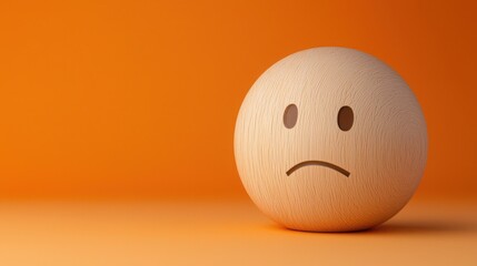 Fototapeta premium A wooden ball with a sad face sits against an orange background, evoking feelings of melancholy and introspection.