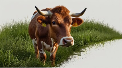 Brown and white cow standing in green grass. (1)