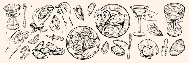 Fresh oyster hand drawn illustration set vector engraving seafood print ocean restaurant menu design. Tasty conch dish lemon slice, female hand holding champagne glass, fork. Oyster engraving food